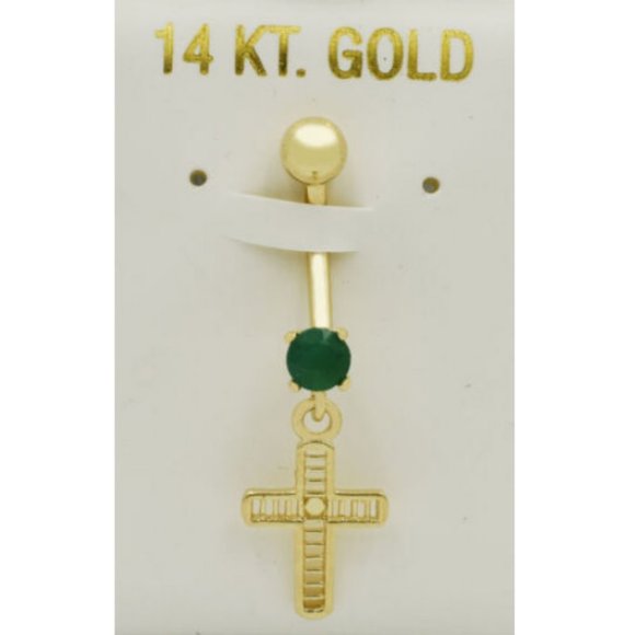 Genuine Green Onyx Cross Belly Navel Ring 14k Solid Gold